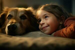 heiter von ein Kind mit das Hund Lügen auf das Matte im das Leben Zimmer. generativ ai foto