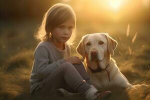 ein Kind mit ein Labrador beim heim. generativ ai foto