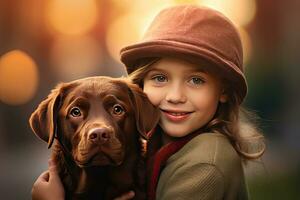 heiter von ein Kind mit ein Labrador beim heim. generativ ai foto