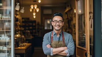 asiatisch männlich klein Geschäft Inhaber lächelnd beim Vorderseite Tür mit Waffen gefaltet. generativ ai foto
