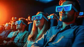 Gruppe von jung Menschen tragen 3d Brille Aufpassen Filme im Kino. generativ ai foto