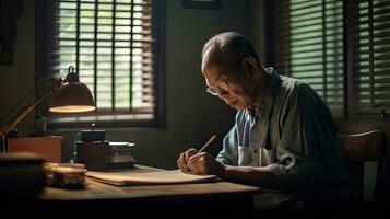 asiatisch Senior Mann sitzt durch das Fenster von er Zuhause im das Morgen Schreiben ein Hinweis auf ihr Schreibtisch erzählen er Pensionierung Geschichte. generativ ai foto