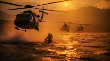 Marinesoldaten absteigend Hubschrauber Tropfen während Sonnenuntergang. generativ ai foto