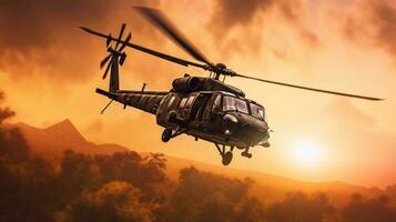 Militär- Kommando Hubschrauber Tropfen während Sonnenuntergang. generativ ai foto