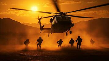 Marinesoldaten absteigend Hubschrauber Tropfen während Sonnenuntergang. generativ ai foto