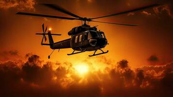 Silhouette von Militär- Kommando Hubschrauber Tropfen während Sonnenuntergang. generativ ai foto