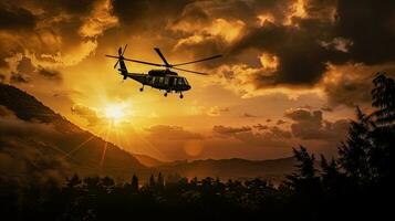 Silhouette von Militär- Kommando Hubschrauber Tropfen während Sonnenuntergang. generativ ai foto