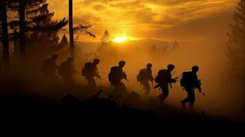 Silhouetten von Heer Soldaten im das Nebel gegen ein Sonnenuntergang. generativ ai foto