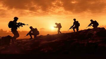 Silhouetten von Militär- auf das Schlachtfeld beim Sonnenuntergang. generativ ai foto