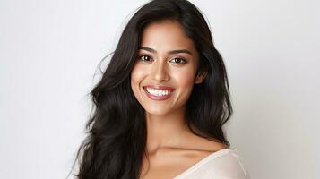 ein schön jung asiatisch indisch Modell- Frau lächelnd mit sauber Zähne isoliert auf Weiß Hintergrund. generativ ai foto