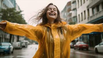 fröhlich Frau Tanzen im das Straße im Regen Mantel. generativ ai foto