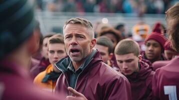 ein männlich von Fußball Coach, inspirierend hoch Schule Fußball Trainer liefern ein leidenschaftlich Rede, fördern Führung und Motivation zu ein gefesselt Sport Team. generativ ai foto