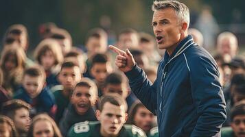 Fußball Coach, inspirierend hoch Schule Fußball Trainer liefern ein leidenschaftlich Rede, fördern Führung und Motivation zu ein gefesselt Sport Team. generativ ai foto