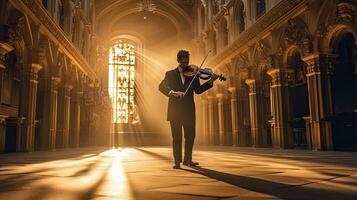 ein Musiker spielen Violine im öffentlich. Musical Konzept. generativ ai foto