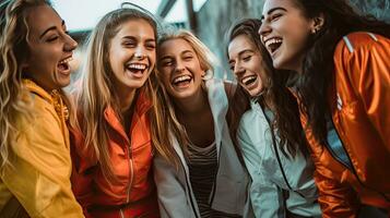 Gruppe von jung Frauen Lachen glücklich, gekleidet im Sportbekleidung. Sport, Fitness und Freundschaft. generativ ai foto