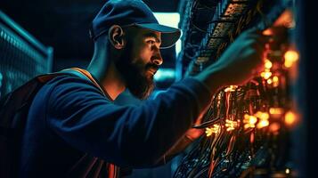 ein männlich Netzwerk Ingenieur verbinden Kabel im Server Kabinett während Arbeiten mit Supercomputer im Daten Center. generativ ai foto