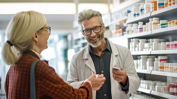 ein lächelnd jung männlich Apotheker geben Rezept Medikamente zu Senior weiblich Kunde im ein Apotheke speichern. generativ ai foto