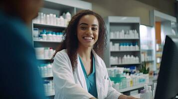 glücklich weiblich Kassierer im Weiß Mantel dient Kunde. Regale mit Gesundheit Pflege Produkte im modern Pharma speichern. Apotheke Drogerie. generativ ai foto