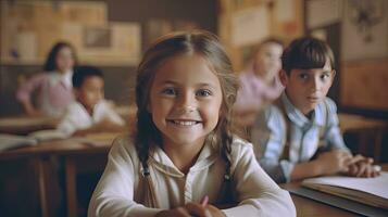 Gruppe von Kinder studieren im das Klassenzimmer. Lernen und Sitzung beim das Schreibtisch. jung süß Kinder lächelnd. primär elementar Schule. generativ ai foto