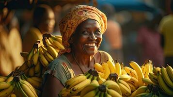 froh afrikanisch amerikanisch Frau lächelnd Verkauf Bündel von Bananen im Obst Markt auf Straße. generativ ai foto