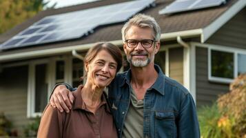 ein glücklich Paar steht lächelnd im Vorderseite von ein groß Haus mit Solar- Paneele Eingerichtet. generisch ai foto