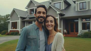 ein glücklich Mann und Ehefrau steht lächelnd im Vorderseite von ein groß Haus. Neu Haus Konzept Erstellen ein Familie. generisch ai foto