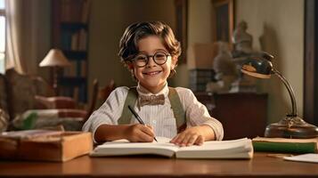 lächelnd Kind Schule Junge tun Hausaufgaben während Sitzung beim Schreibtisch beim heim. generisch ai foto