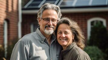 ein glücklich Paar steht lächelnd im Vorderseite von ein groß Haus mit Solar- Paneele Eingerichtet. generisch ai foto