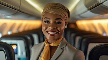 afrikanisch amerikanisch Frau lächelnd wie Flug Begleiter. weiblich Flugzeug Stewardess. generativ ai foto