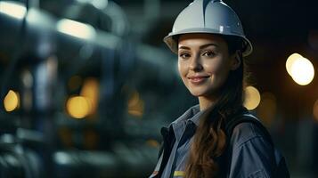 ein glücklich jung Frau petrochemisch Ingenieur Arbeiten beim Nacht Innerhalb Öl und Gas Raffinerie Pflanze Fabrik. generativ ai foto