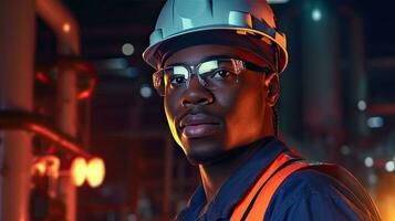 afrikanisch amerikanisch jung Mann petrochemisch Ingenieur Arbeiten beim Nacht Innerhalb Öl und Gas Raffinerie Pflanze Fabrik. generativ ai foto