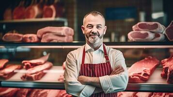 Porträt von ein glücklich Metzger Stehen mit Waffen gekreuzt im modern Fleisch Geschäft. generativ ai foto