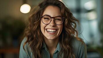 glücklich Lachen weiblich Büro Arbeiter tragen Brille suchen zum Job Chancen oder gut Geschäft Dienstleistungen. generativ ai foto