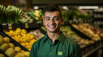 Porträt von lächelnd jung männlich Supermarkt Arbeiter. generativ ai foto