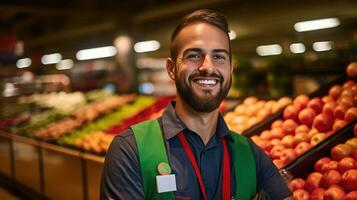 Porträt von lächelnd jung männlich Supermarkt Arbeiter. generativ ai foto