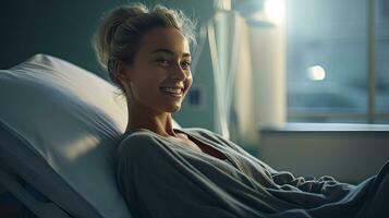 zufrieden weiblich geduldig im Krankenhaus Bett. generativ ai foto