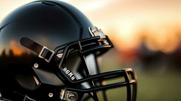 amerikanisch Fußball Hintergrund mit Ball und schwarz Helm. Fußball Helm. generativ ai foto