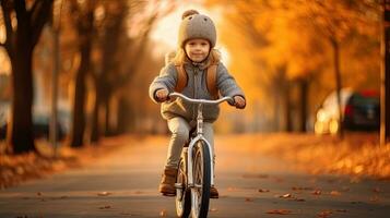 ein süß wenig Mädchen im Fahrrad Helm haben Spaß durch Reiten Fahrrad. süß Kind im Sicherheit Helm Radfahren draußen. generativ ai foto