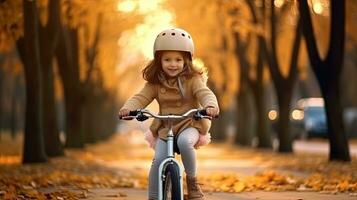 ein süß wenig Mädchen im Fahrrad Helm haben Spaß durch Reiten Fahrrad. süß Kind im Sicherheit Helm Radfahren draußen. generativ ai foto