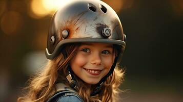glücklich Porträt von ein jung Mädchen mit ein Fahrrad Helm auf spielen außen. generativ ai foto