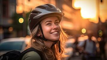 glücklich Frau tragen Fahrrad Helm mit Fahrrad auf Straße. generativ ai foto