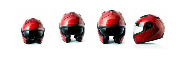 einstellen Sammlung von rot Motorrad Kohlenstoff Integral- Absturz Helm isoliert auf Weiß Hintergrund. generativ ai foto