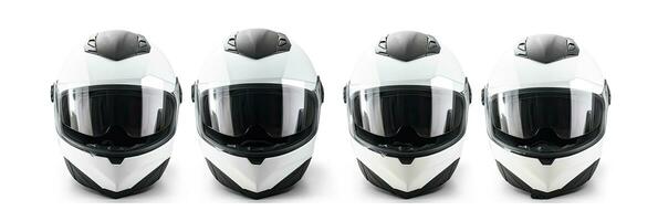 einstellen Sammlung von Weiß Motorrad Kohlenstoff Integral- Absturz Helm isoliert auf Weiß Hintergrund. generativ ai foto