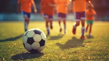 Gruppe von jung Kinder Spieler Spiel auf Fußball Feld. Kinder Fußball Fußball. generativ ai foto