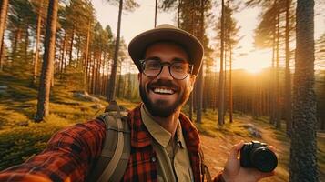 glücklich Reisender Mann mit Rucksack nehmen Selfie Bild im das Wald. Reise Blogger oder freiberuflich, Leben Stil und Technologie Konzept. generativ ai foto