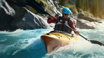 schließen oben von ein männlich im Kajak Segeln im ein Berg Fluss. extrem Sport Kajak. generativ ai foto