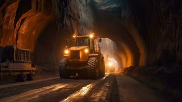 Tunnel Bagger zu bohren ein Straße durch das Berge. Straße Konstruktion. generativ ai foto