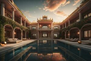 ein Luxus Hotel mit ein Schwimmen Schwimmbad im das Abend. generativ ai foto