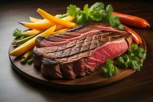 roh Rindfleisch Lendenstück Steak mit Zutaten zum Kochen auf hölzern Hintergrund. ai generativ foto