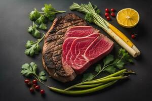 roh Rindfleisch Lendenstück Steak mit Zutaten zum Kochen auf hölzern Hintergrund. ai generativ foto